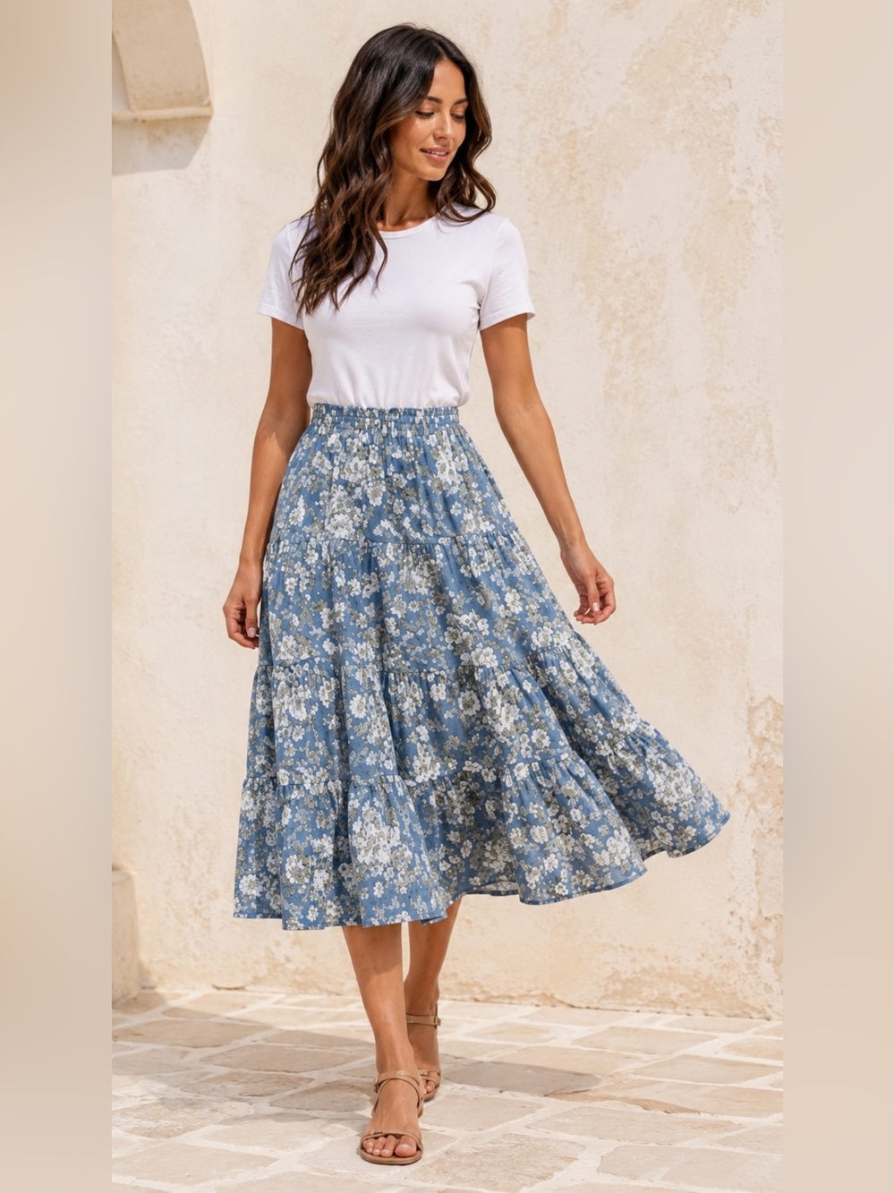 Blue Floral Prairie Midi Skirt Cottagecore Coastal Grandmother M